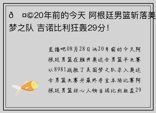 🤩20年前的今天 阿根廷男篮斩落美国梦之队 吉诺比利狂轰29分!